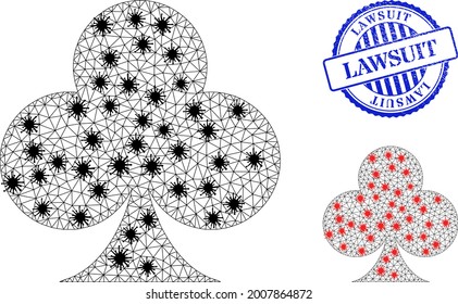 Mesh polygonal playing card club suit symbols illustration with infection style, and scratched blue round Lawsuit stamp seal.