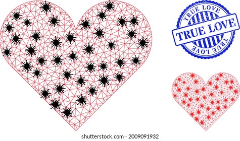 Mesh polygonal playing card heart suit symbols illustration designed using infection style, and distress blue round True Love seal.