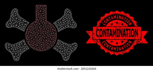 Mesh polygonal poison flask on a black background, and Contamination dirty ribbon stamp seal. Red stamp seal contains Contamination title inside ribbon.