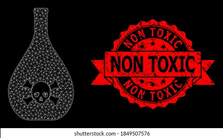 Mesh polygonal poison jug on a black background, and Non Toxic grunge ribbon seal imitation. Red stamp seal includes Non Toxic tag inside ribbon. Vector model created from poison jug icon with mesh.