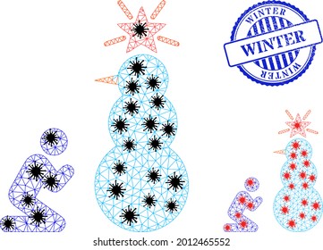 Mesh poligonal reza a los sagrados símbolos de snowman ilustración con estilo de infección, y texturizado sello de invierno redondo azul.