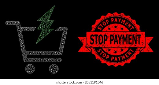 La poligonal de malla proceden a la compra sobre un fondo negro, y Stop Payment impuro sello de cinta sellado. El sello rojo incluye la etiqueta Stop Payment dentro de la cinta.