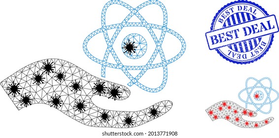 Mesh polygonal quantum service hand icons illustration in lockdown style, and textured blue round Best Deal stamp. Abstraction is created from quantum service hand icon with black and red Covid items.