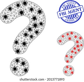 Mesh Polygonal Question Mark Icons Illustration With Infection Style, And Rubber Blue Round FBI Agent Seal. Abstraction Is Created From Question Mark Icon With Black And Red Covid Elements.