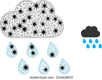 Mesh polygonal rain weather icon illustration with outbreak style. Abstraction is created from rain weather icon with black infectious nodes.