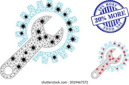 Mesh polygonal repair gear symbols illustration with infection style, and grunge blue round 20 percents More stamp seal. Model is created from repair gear icon with black and red infectious centers.