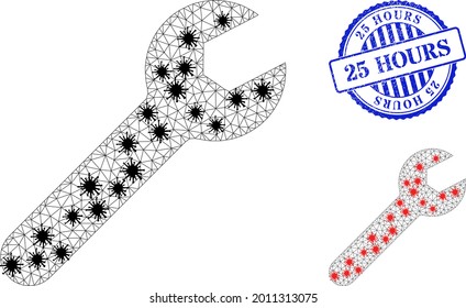 Mesh polygonal repair tool symbols illustration with infection style, and scratched blue round 25 Hours seal. Carcass model is based on repair tool icon with black and red coronavirus centers.