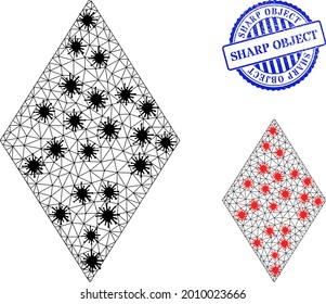 Mesh polygonal rhombus symbols illustration in infection style, and distress blue round Sharp Object stamp. Carcass model is based on rhombus icon with black and red infection elements.
