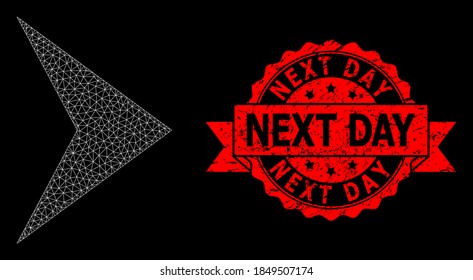 Mesh polygonal right direction on a black background, and Next Day dirty ribbon stamp seal. Red stamp seal contains Next Day caption inside ribbon.