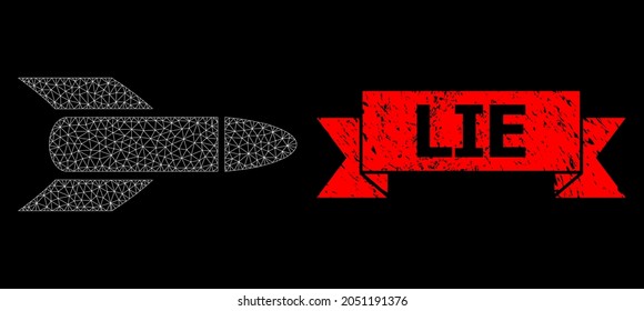 Mesh Polygonal Rocket On A Black Background, And Lie Dirty Ribbon Watermark. Red Stamp Seal Contains Lie Tag Inside Ribbon. Vector Model Created From Rocket Icon With Mesh.