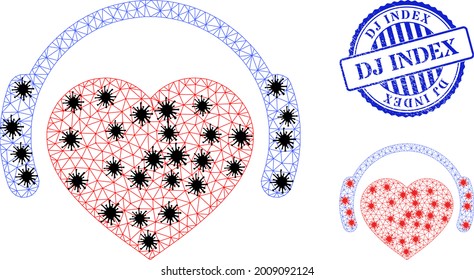 Mesh imagen de iconos de DJ de corazón romántico poligonal con estilo de brote, y sello de sello del Índice Dj azul texturizado. El modelo se basa en un icono romántico de DJ de corazón con elementos infecciosos negros y rojos.