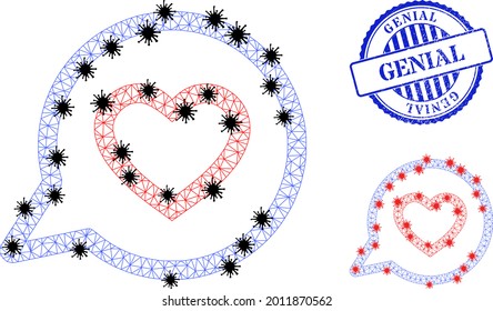 Mesh polygonal romantic heart message symbols illustration with outbreak style, and distress blue round Genial seal.