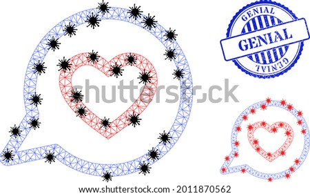 Mesh polygonal romantic heart message symbols illustration with outbreak style, and distress blue round Genial seal.