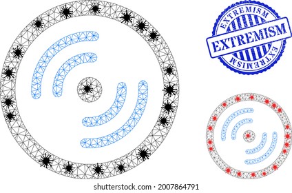 Mesh polygonal rotor rotation icons illustration with lockdown style, and scratched blue round Extremism badge. Abstraction is created from rotor rotation icon with black and red virus nodes.