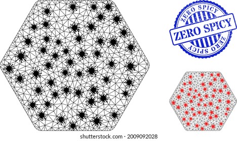 Mesh polygonal rounded hexagon icons illustration in infection style, and rubber blue round Zero Spicy stamp seal. Model is created from rounded hexagon icon with black and red infection items.