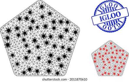 Mesh polygonal rounded pentagon icons illustration with lockdown style, and scratched blue round Igloo stamp seal.