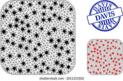Mesh polygonal rounded square symbols illustration in infection style, and rubber blue round Davis stamp. Carcass model is based on rounded square icon with black and red virus centers.