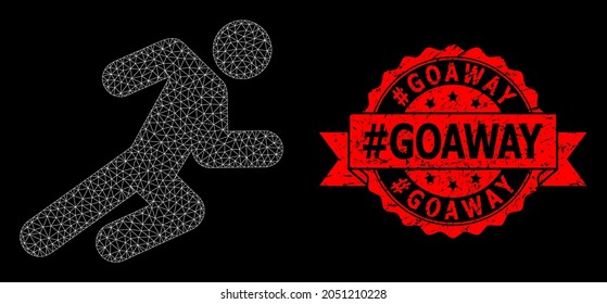 Mesh polygonal running man on a black background, and hashtag Goaway rubber ribbon watermark. Red seal contains hashtag Goaway title inside ribbon. Vector constellation created from running man icon