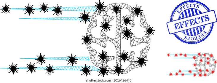 Mesh polygonal rush brain symbols illustration in outbreak style, and scratched blue round Effects badge. Abstraction is created from rush brain icon with black and red virus items.