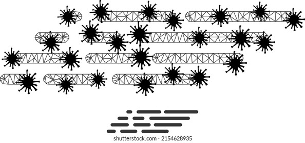 Ilustración del icono del efecto de transición de precipitación poligonal de malla con estilo de bloqueo. La abstracción se basa en un icono de efecto de transición rápida con centros Covid negros.