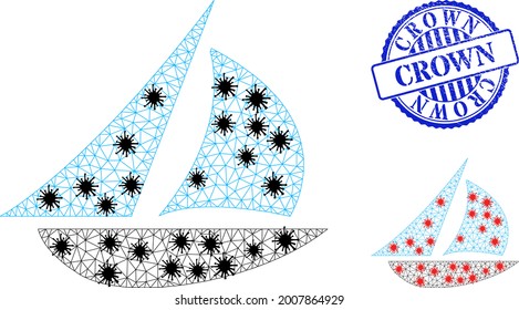 Mesh polygonal sailing boat icons illustration with lockdown style, and scratched blue round Crown badge. Abstraction is created from sailing boat icon with black and red infectious items.
