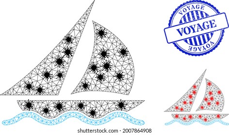 Mesh polygonal sailing symbols illustration designed using outbreak style, and scratched blue round Voyage stamp. Carcass model is based on sailing icon with black and red Covid items.