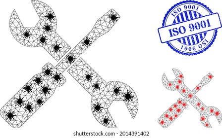 Mesh polygonal screwdriver and wrench symbols illustration in lockdown style, and textured blue round ISO 9001 seal.