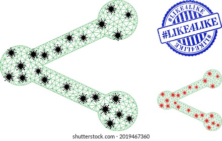 Mesh polygonal share symbols illustration in lockdown style, and scratched blue round hashtag Like4Like stamp. Model is based on share icon with black and red coronavirus centers.