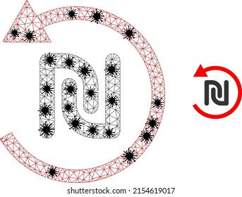 Mesh polygonal shekel refund icon illustration with infection style. Abstraction is based on shekel refund icon with black Covid centers.