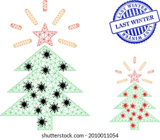 Mesh polygonal glänzende Weihnachtsbaumsymbole Illustration mit Ausbruch-Stil und gekratzt blau um Letzten Winter Badge.