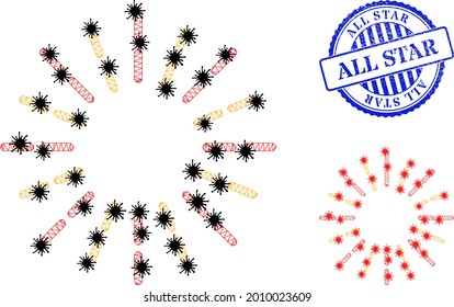 Mesh polygonal shine rays symbols illustration in outbreak style, and textured blue round All Star stamp. Carcass model is based on shine rays icon with black and red infectious centers.