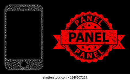 Mesh polygonal smartphone on a black background, and Panel textured ribbon seal print. Red seal includes Panel caption inside ribbon. Vector constellation created from smartphone icon with mesh.