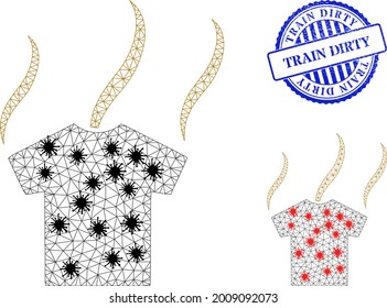 Mesh polygonal smell t-shirt icons illustration with lockdown style, and rubber blue round Train Dirty stamp. Model is created from smell t-shirt icon with black and red Covid items.