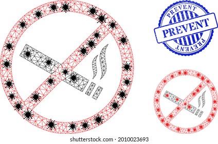 Mesh polygonal smoking forbidden symbols illustration in infection style, and distress blue round Prevent seal. Carcass model is based on smoking forbidden icon with black and red virus items.