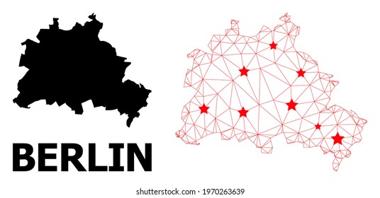 Mesh Polygonal And Solid Map Of Berlin City. Vector Structure Is Created From Map Of Berlin City With Red Stars. Abstract Lines And Stars Form Map Of Berlin City.