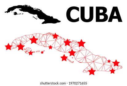 Mesh polygonal and solid map of Cuba. Vector structure is created from map of Cuba with red stars. Abstract lines and stars form map of Cuba. Wire carcass 2D polygonal mesh in vector EPS format.
