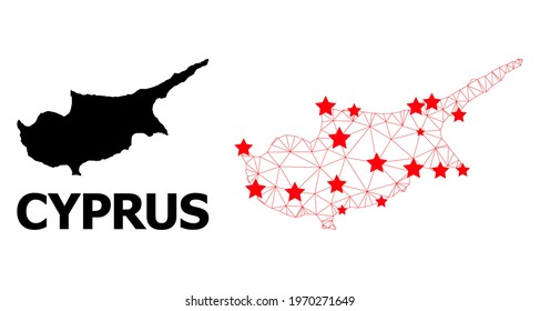 Mesh polygonal and solid map of Cyprus Island. Vector structure is created from map of Cyprus Island with red stars. Abstract lines and stars are combined into map of Cyprus Island.