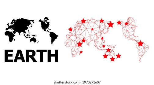 Mesh polygonal and solid map of Earth. Vector model is created from map of Earth with red stars. Abstract lines and stars form map of Earth. Linear frame flat polygonal mesh in vector EPS format.