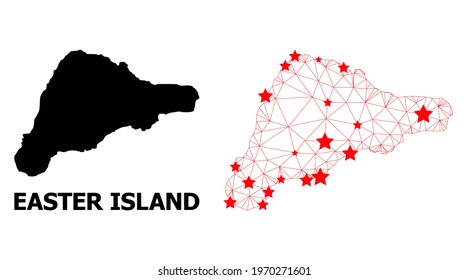 Mesh polygonal and solid map of Easter Island. Vector structure is created from map of Easter Island with red stars. Abstract lines and stars are combined into map of Easter Island.