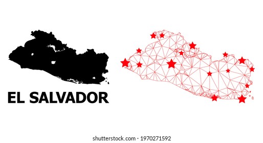 Mesh polygonal and solid map of El Salvador. Vector structure is created from map of El Salvador with red stars. Abstract lines and stars form map of El Salvador.