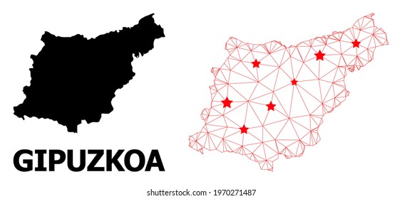 Mesh polygonal and solid map of Gipuzkoa Province. Vector model is created from map of Gipuzkoa Province with red stars. Abstract lines and stars are combined into map of Gipuzkoa Province.