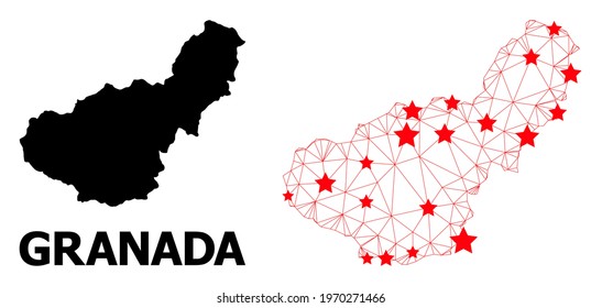 Mesh polygonal and solid map of Granada Province. Vector model is created from map of Granada Province with red stars. Abstract lines and stars form map of Granada Province.