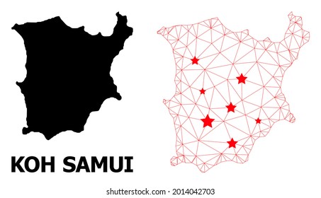 Mesh polygonal and solid map of Koh Samui. Vector model is created from map of Koh Samui with red stars. Abstract lines and stars form map of Koh Samui.