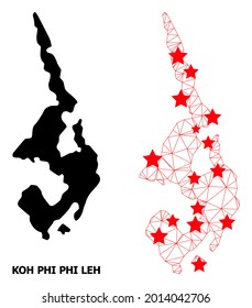 Mesh polygonal and solid map of Koh Phi Leh. Vector model is created from map of Koh Phi Leh with red stars. Abstract lines and stars are combined into map of Koh Phi Leh.