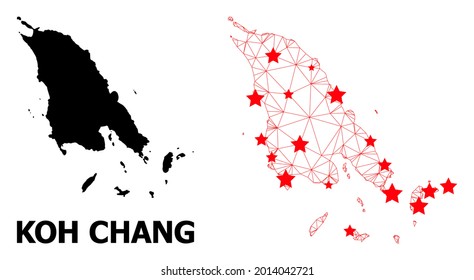 Mesh polygonal and solid map of Koh Chang. Vector model is created from map of Koh Chang with red stars. Abstract lines and stars form map of Koh Chang.