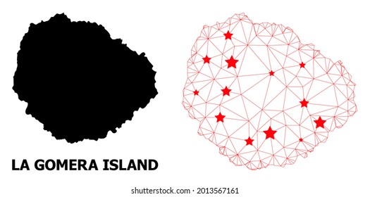 Mesh polygonal and solid map of La Gomera Island. Vector structure is created from map of La Gomera Island with red stars. Abstract lines and stars are combined into map of La Gomera Island.