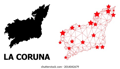 Mesh polygonal and solid map of La Coruna Province. Vector model is created from map of La Coruna Province with red stars. Abstract lines and stars are combined into map of La Coruna Province.