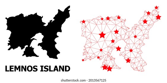 Mesh polygonal and solid map of Lemnos Island. Vector model is created from map of Lemnos Island with red stars. Abstract lines and stars are combined into map of Lemnos Island.