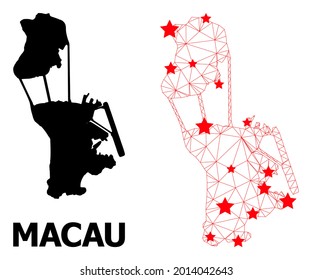 Mesh polygonal and solid map of Macau. Vector structure is created from map of Macau with red stars. Abstract lines and stars form map of Macau. Wire frame 2D polygonal network in vector format.