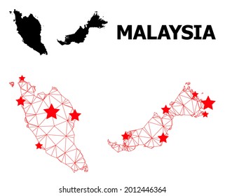 Mesh polygonal and solid map of Malaysia. Vector structure is created from map of Malaysia with red stars. Abstract lines and stars form map of Malaysia.